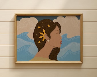 Femme céleste avec étoiles et vagues - Affiche en satin | Profil côtier