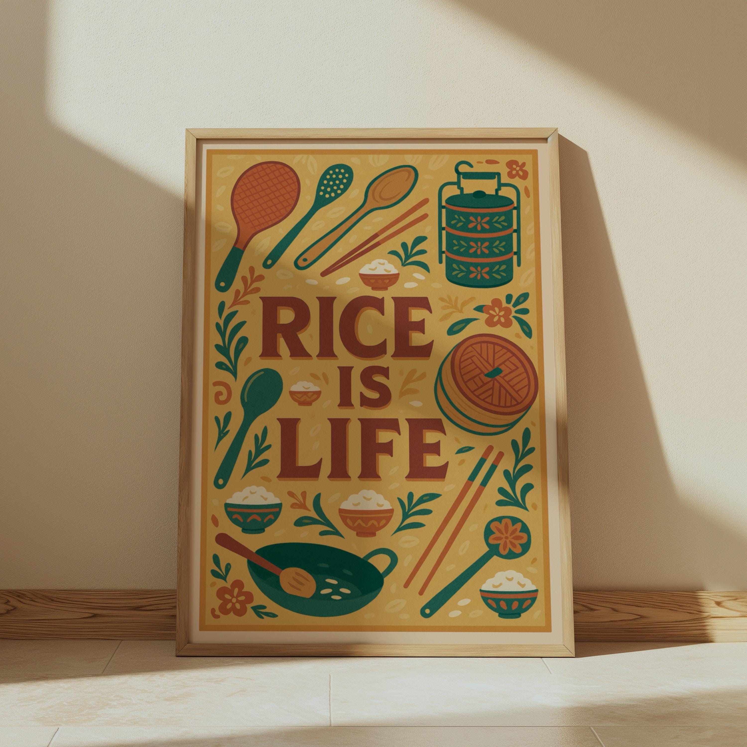 Rice is Life Retro Asian Art Print: Trendy Kitchen Decor (digital