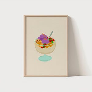May include: A framed print featuring a colorful illustration of a halo-halo dessert. The dessert is in a clear glass with a blue base and includes purple ice cream, fruit, and other toppings. A spoon rests in the dessert.