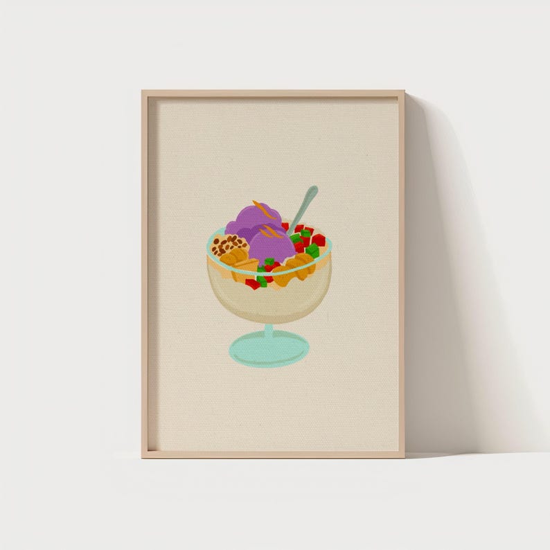 May include: A framed print featuring a colorful illustration of a halo-halo dessert. The dessert is in a clear glass with a blue base and includes purple ice cream, fruit, and other toppings. A spoon rests in the dessert.