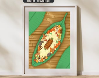Op de afbeelding: Een ingelijste digitale print met een kleurrijke illustratie van een Filipijns gerecht geserveerd op een groot groen blad. Het gerecht bevat rijst, garnalen en een centraal stuk vlees. De tekst "DIGITAL DOWNLOAD" staat bovenaan.