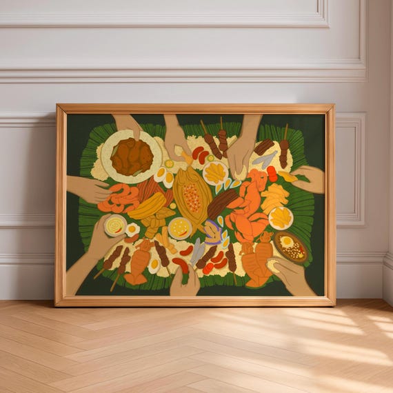 Poster Art Print, Filipino Kamayan Feast, Dining Wall Decor, Gathering Gift for Filipino Friend, Philippines Artwork, Satin Poster (210gsm),