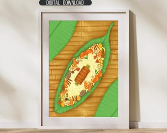 May include: A digital illustration of a traditional Filipino dish called "Pamamasada" served on a banana leaf. The dish is made with rice, meat, and vegetables. The banana leaf is green and has a brown wooden background.