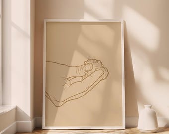 May include: A line drawing of a hand holding a small cluster of objects, possibly flowers or berries, on a light brown background.