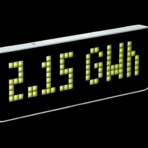 Könnte beinhalten: Ein rechteckiges Digitaldisplay mit weißem Rahmen zeigt die Zahl "2,15 GWh" in grüner Pixel-Schrift vor schwarzem Hintergrund. Das Display ist leicht angewinkelt und zeigt sein modernes Design.