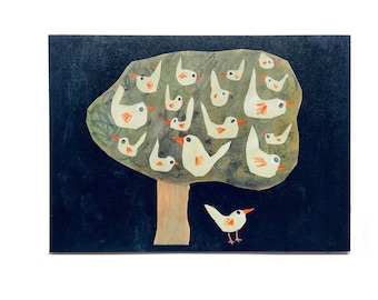 May include: A collage of white birds with orange beaks perched on a green tree with a brown trunk against a dark blue background.