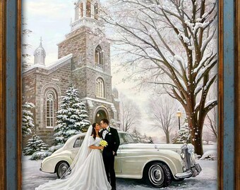 Custom Winter Wedding Oil Painting, Romantic Bride Groom Portrait, Vintage Car Art