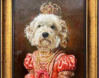 Custom Royal Dog Portrait Painting, Hand-Painted Pet Queen Canvas, Vintage Dog Lover Gift