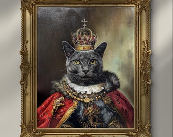 May include: A portrait of a grey cat wearing a jeweled crown, a white ruffled collar, and a red velvet cape with gold embroidery, all encased in an ornate, rectangular, antique-style gold frame with intricate carved detailing.