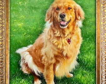 Kundenspezifische Golden Retriever Ölgemälde, Handgemaltes Haustier Porträt auf Leinwand