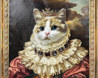 Hand-Painted Renaissance Cat Oil Painting, Custom Pet Portrait Canvas