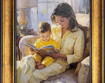 Custom Oil Painting Portrait: Mother and Child Reading, Family Art (16x20")