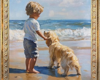 May include: An oil painting in a decorative gold frame depicting a young child with blonde hair wearing a white t-shirt and blue shorts standing on a sandy beach. The child reaches out to touch a long-haired golden dog near the ocean waves.