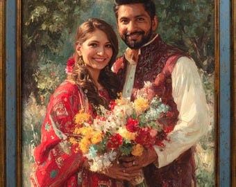 May include: An oil painting in a gold and blue frame depicting a couple standing together. The person on the left wears a red patterned garment, and the person on the right wears a white shirt with a dark red vest. They hold a large floral bouquet.