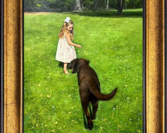 Custom Oil Pet Portrait Painting, Hand-Painted Dog and Girl Canvas Keepsake