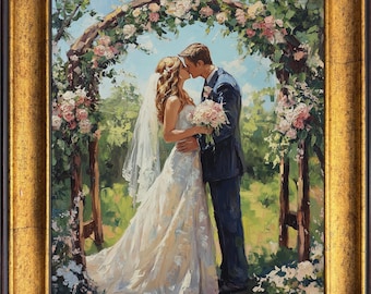 Puede incluir: Una pintura al óleo en un marco dorado que representa a una pareja besándose bajo un arco floral. La persona de la izquierda lleva un vestido de novia blanco y velo, sosteniendo un ramo. La persona de la derecha viste un traje azul oscuro.