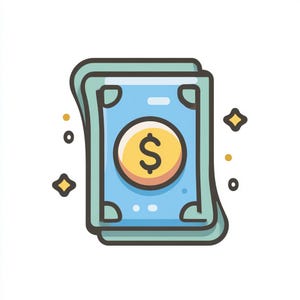 May include: Illustration of a stack of blue dollar bills with a gold coin featuring a dollar sign. The bills have a light blue background and are outlined in green. There are yellow stars and dots around the bills.