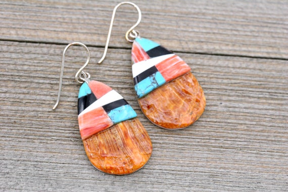 Native American Marvelous Santo Domingo Turquoise Spiny Oyster Sterling Silver Earrings Native American Marvelous Santo Domingo Turquoise Spiny Oyster Sterling Silver Earrings