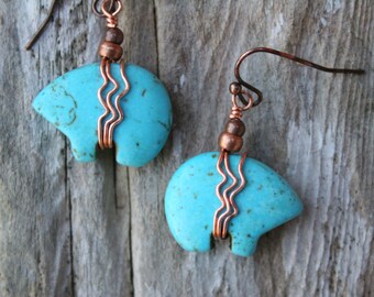 Zuni Bear Earrings: Turquoise Magnesite & Copper, Southwestern Boho Jewelry