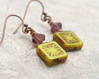 Rustic Yellow Czech Glass Square Earrings, Gift For Her, Boho Earrings, Tiny Earrings, Nature Girl Jewelry