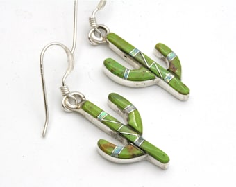Sterling Silver Saguaro Cactus Earrings, Green Turquoise Opal Inlay
