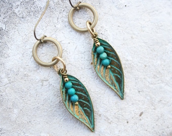 Boho Earrings with Turquoise, Leaf Earrings, Boho Jewelry, Nature Jewelry, Patina Earrings, Leaf Earrings, Turquoise earrings, Boho Earrings