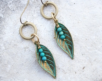 Boho Turquoise Leaf Earrings: Antiqued Brass Patina Jewelry