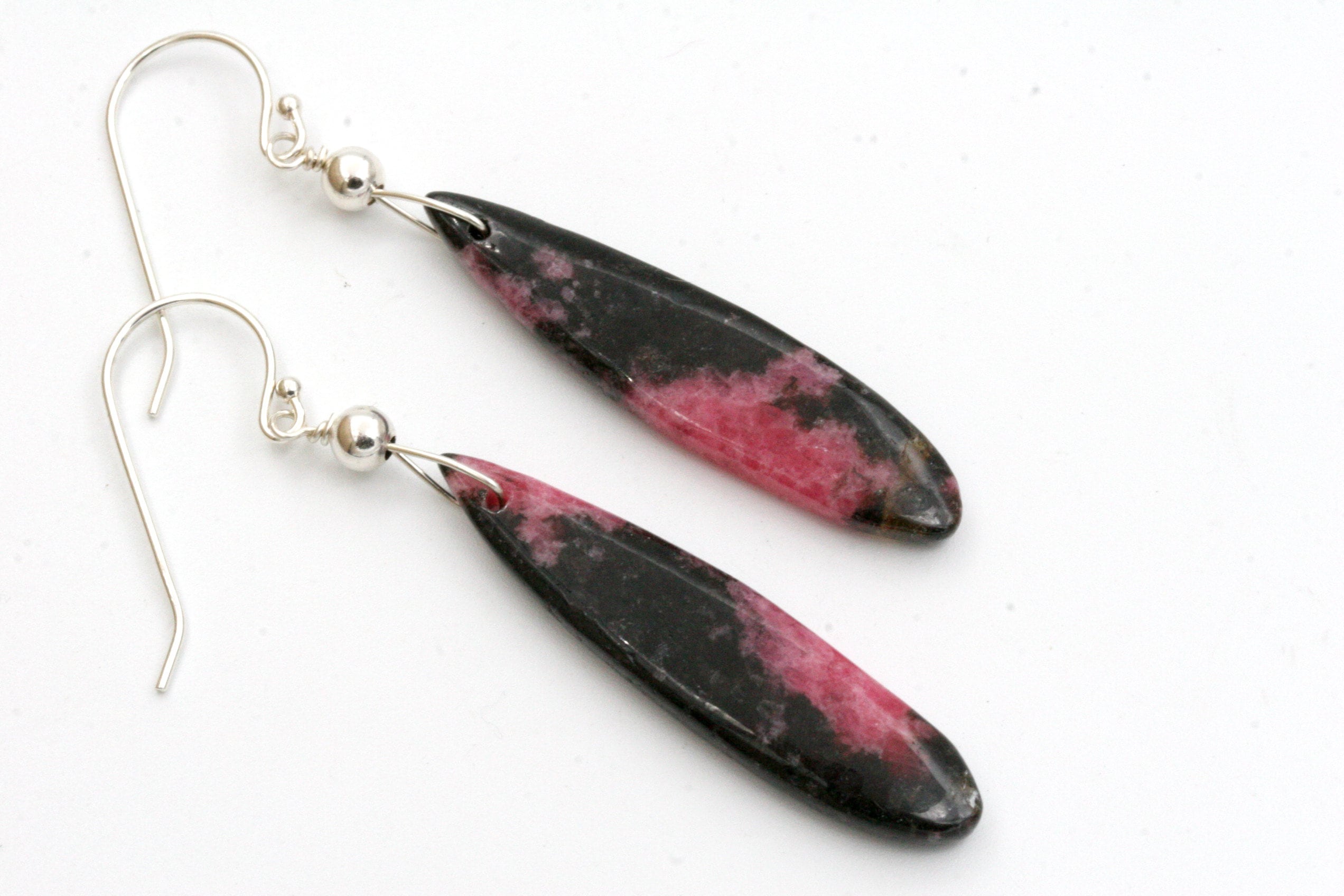 Pink Rhodonite Thin Drop Earrings Sterling Silver Pink Rhodonite Thin Drop Earrings Sterling Silver