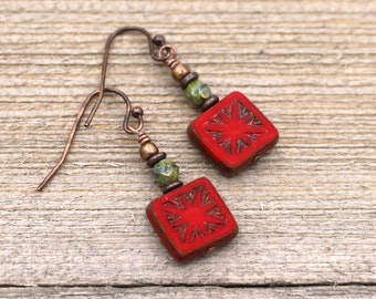 Rustic Red Earrings, Czech Glass, Gift For Her, Boho Earrings, Lightweight Earrings, Copper and turquoise