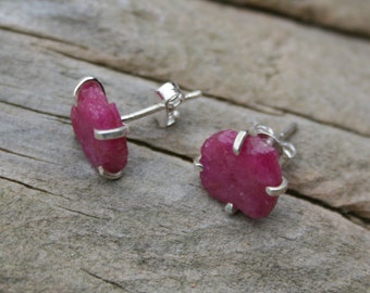 Raw Ruby Stud Earrings: Sterling Silver Prong Set, July Birthstone