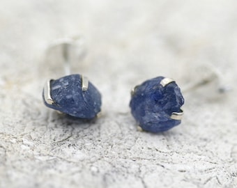 Raw Sapphire Sterling Silver Stud Earrings: AAA Grade