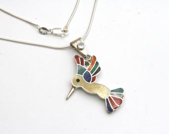 Sterling Silver Hummingbird Pendant: Inlay Necklace with Colorful Stones