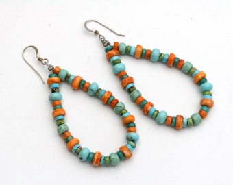 Southwestern Turquoise and Coral Hoop Earrings, Sundance Style Jewelry, Boho Turquoise Earrings, Colorful Earrings, Native American