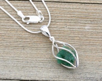 Raw Emerald Cage Pendant, Raw Emerald Necklace, Gift for Her, Raw Crystal Pendant, Emerald Crystal Pendant, May Birthstone, Gift for Her