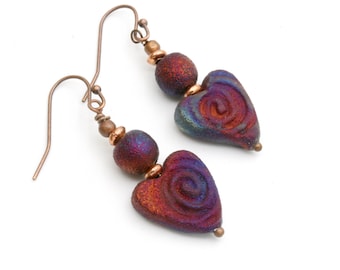 9th Anniversary Gift for Her, Raku Earrings, Raku Heart Earrings, Pottery Anniversary Gifts, Gift For Her, Ceramic Jewelry, Boho Jewelry