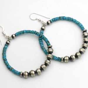 Turquoise Hoop Earrings with Navajo Pearls, Desert Pearl Hoops, Large Hoops, Turquoise Jewelry, Southwestern Cowgirl Style