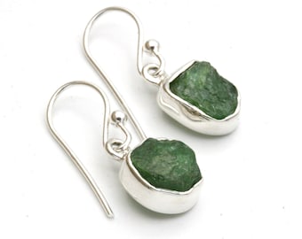 Raw Emerald Sterling Silver Earrings: May Birthstone Jewelry