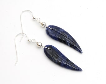 Sodalite Feather Earrings, Natural Stone Earrings, Earthy Jewelry, Blue Stone, Boho Jewelry, Sterling