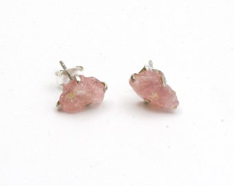 Raw Rose Quartz Stud Earrings: Sterling Silver Prong Set