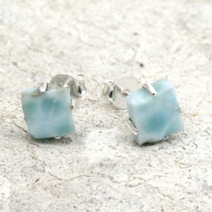 Raw Larimar Stud Earrings, Sterling Silver .925, Gift for wife