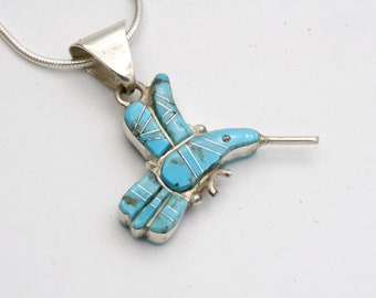 Turquoise Hummingbird Pendant: Sterling Silver Southwestern Inlay Necklace