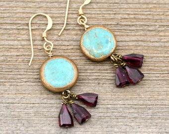 Turquoise Earrings with Garnet, Boho Earrings, Turquoise Jewelry, Drop Earrings, Gift For Her, Garnet Earrings