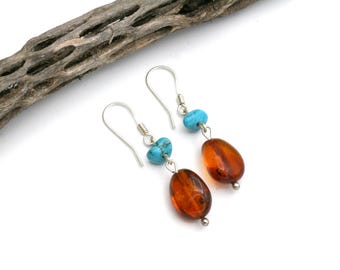 Baltic Amber Turquoise Earrings – Sterling Silver Dangle Gemstone Drops