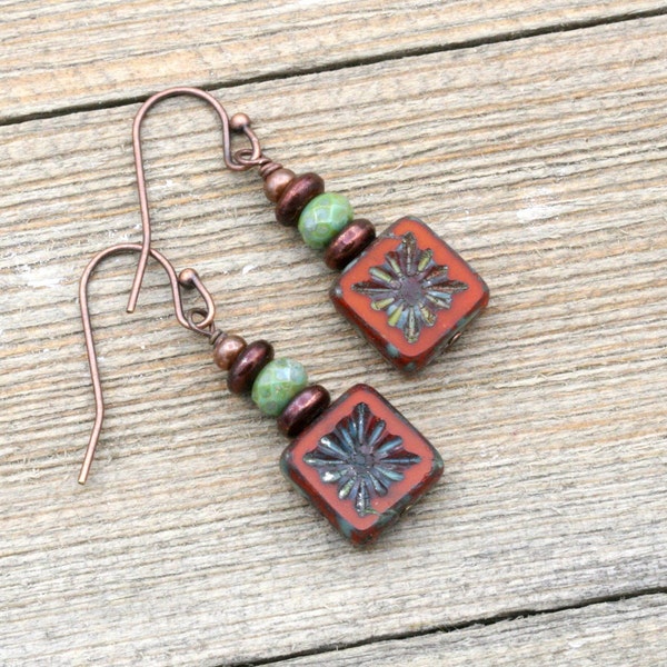 Burnt Orange Earrings, Boho Dangle Earrings, Orange Jewelry, Czech Glass Earrings, Bohemian Earthy Earrings, Gift for Her