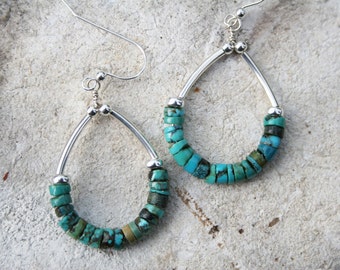 Turquoise Hoop Earrings with Sterling silver, Southwestern Earrings, Natural Turquoise Earrings, Gift For Her