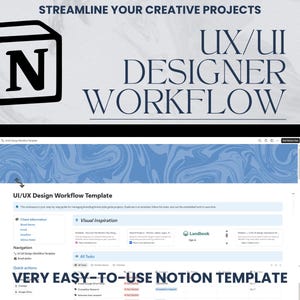 May include: An advertisement for a digital product, showing a laptop screen with a UI/UX design workflow template. The image includes the text "STREAMLINE YOUR CREATIVE PROJECTS" and "VERY EASY-TO-USE NOTION TEMPLATE". A black and white cube with the letter "N" is visible.