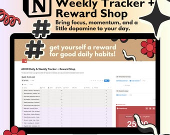May include: A laptop screen displays an ADHD Daily & Weekly Tracker + Reward Shop template. The screen shows a to-do list with various tasks. The image includes the text "Bring focus, momentum, and a little dopamine to your day."