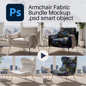 May include: A mockup image showcasing various armchair fabric designs. The image features four armchairs with different fabric patterns, including solid beige, floral, and white. The text "Armchair Fabric Bundle Mockup .psd smart object" is displayed at the top.