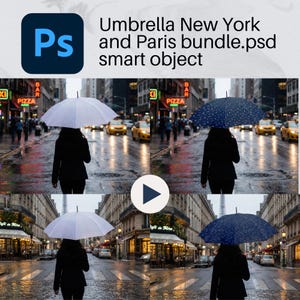May include: Image of a bundle of umbrella designs for New York and Paris. The image shows a person holding a white umbrella in a rainy New York street scene and a dark blue umbrella in a Paris street scene. The text "Umbrella New York and Paris bundle.psd smart object" is at the top.