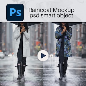 May include: A mockup image of a raincoat. The image shows a woman wearing a white raincoat and a floral patterned raincoat. The raincoats are knee-length and have a button-up design. The text "Raincoat Mockup .psd smart object" is at the top.